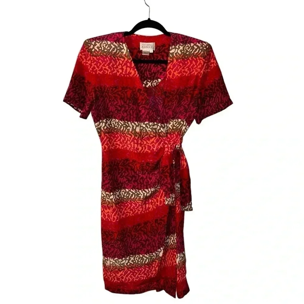 Adrianna Papell Red Multicolored Cheetah Abstract Wrap Dress Women’s 6 100% silk